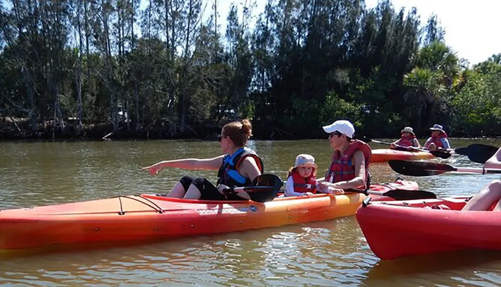 A group of people including a child are enjoying a sunny day kayaking on a calm river surrounded by greenery
