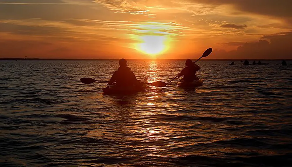 Two people are kayaking on the water during a beautiful sunset