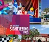 The image is a collage promoting tourism in Orlando featuring various attractions and an advertisement for the Orlando Sightseeing Pass