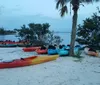 A collection of colorful kayaks is scattered on a sandy beach near calm waters at twilight