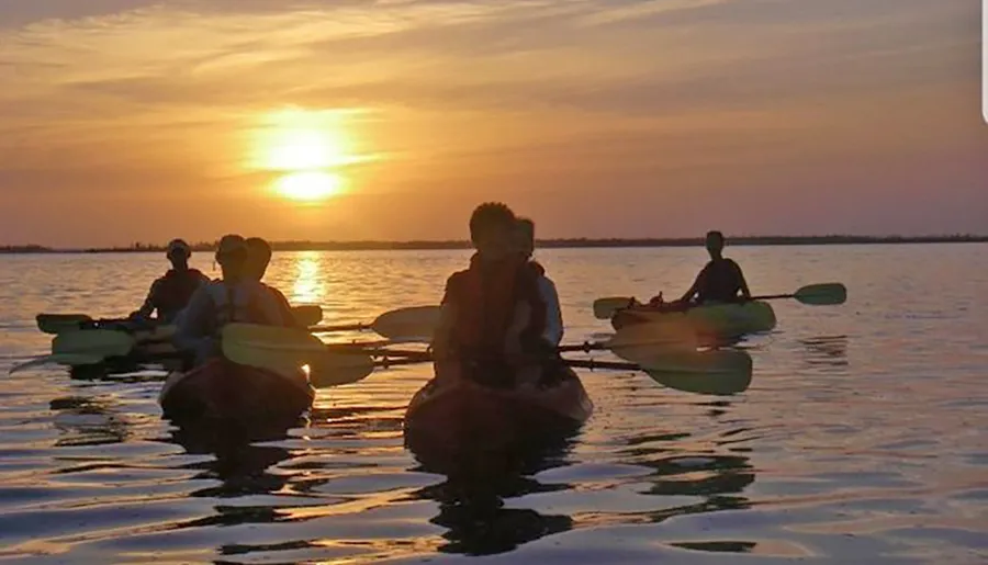 A group of kayakers is paddling on calm waters against the backdrop of a beautiful sunset.