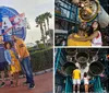 A smiling man and a young girl look up in awe at a spacecraft exhibit in a space museum