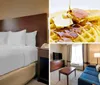 This image depicts a neatly arranged hotel room with a large bed crisp white linens two table lamps and a window with sheer curtains