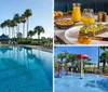 The image shows a large serene outdoor swimming pool lined with lounge chairs under blue umbrellas flanked by palm trees with a clear blue sky above suggesting a tropical or sunny resort setting