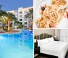 The image depicts a tranquil pool area lined with palm trees loungers and red cushions suggesting a tropical resort setting