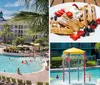 This is a lively resort pool area with people swimming and lounging flanked by palm trees and a multi-story hotel building in the background under a clear blue sky