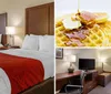 The image shows a neatly arranged hotel room with two double beds featuring white linens and red decorative bed runners flanked by nightstands and lamps with a window in the background