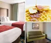 The image shows a tidy hotel room with two beds featuring white linens and red bed runners a headboard bedside lamps and a curtained window