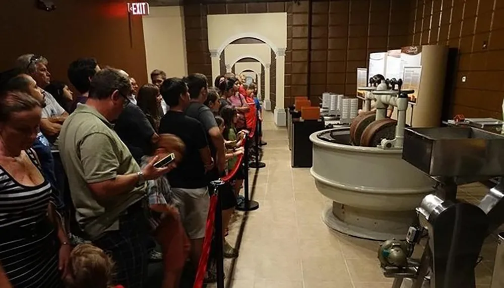 A group of people is standing in a queue possibly at a museum or exhibition beside an old industrial machine or exhibit