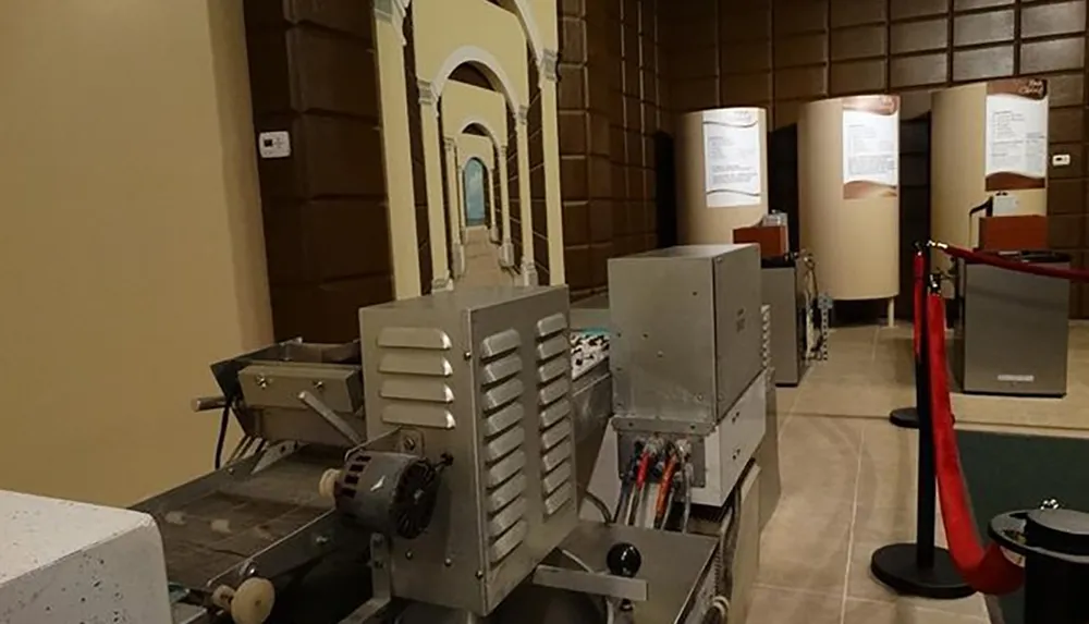 The image shows an old printing press or machinery on display possibly within a museum or an educational exhibit accompanied by informational posters