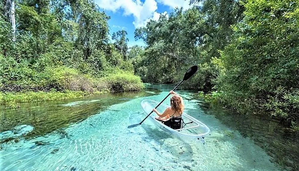 A person is kayaking in a clear blue waterway surrounded by lush greenery