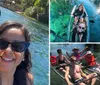 A group of smiling people are enjoying kayaking and paddleboarding on a sunny day in clear water with lush greenery in the background