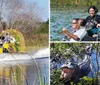 A group of people wearing headphones is enjoying a ride on a boat in a scenic wetland area