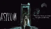 This image depicts a horror-themed scene with a disheveled woman in the foreground, a dark doorway behind her, and the word