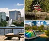 A waterfront view from a wooden deck featuring a city skyline and a fountain in the center of a lake under a blue sky