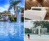 This is a sunny image of a resort-style swimming pool area with palm trees lounge chairs and an artificial rock feature