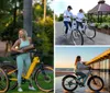 Two individuals are smiling and riding matching white bicycles on a paved path near a gazebo in a park-like setting