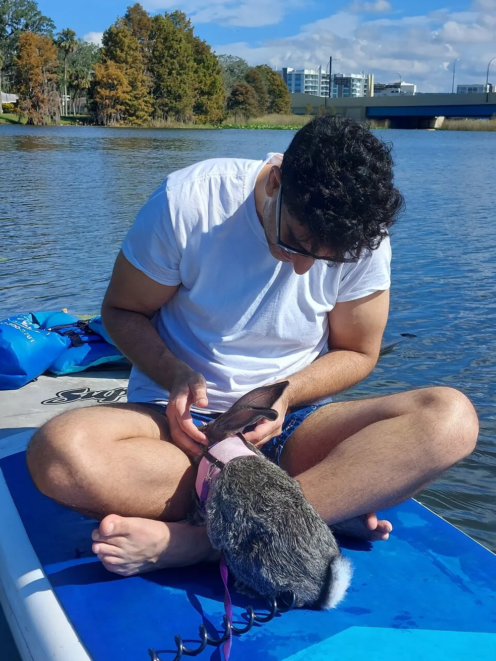 A person is sitting cross-legged on a paddleboard looking at a mobile phone with a pet wearing a pink harness possibly a small dog on a body of water on a sunny day