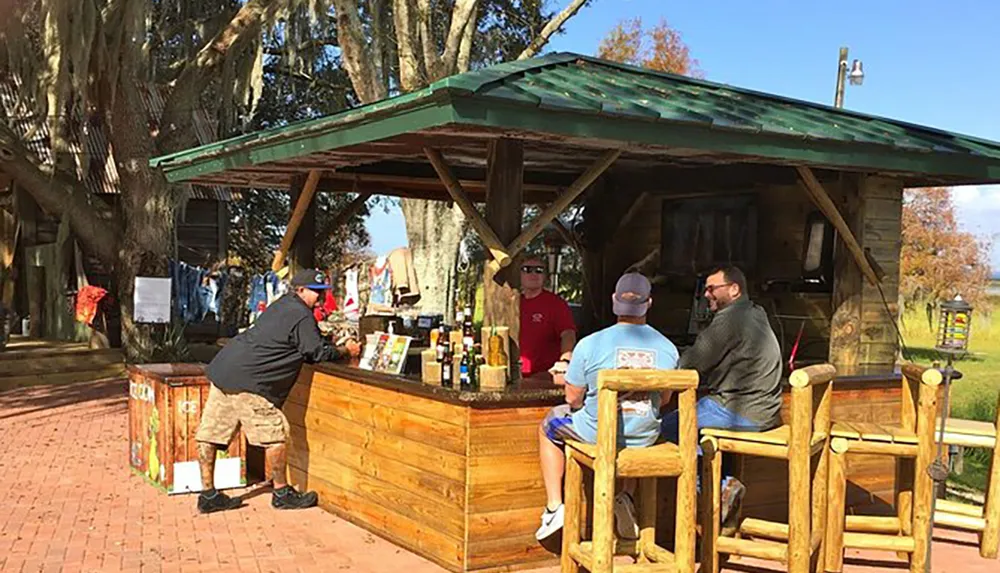 People are gathered around a rustic outdoor bar enjoying drinks and conversation under the shade of a large tree