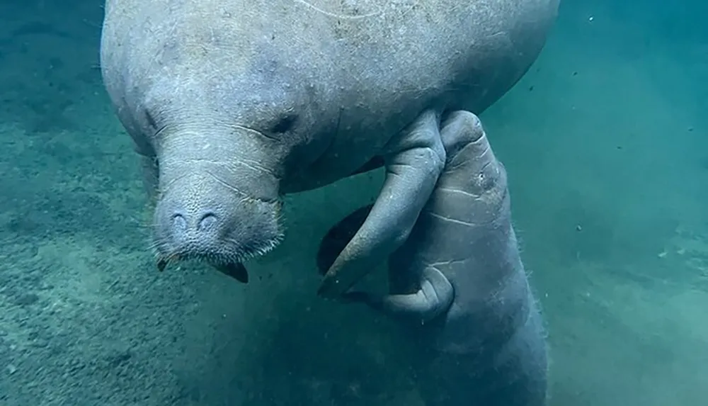A manatee is floating in clear water appearing to look at the camera with a serene expression