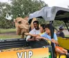 A family enjoys a drive in a black Jeep Wrangler with cows in the background in a countrified setting