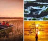 An airboat glides through a waterway at sunset carrying passengers who are likely enjoying a scenic tour