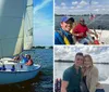 Three people are enjoying a sunny day sailing on a white sailboat with the coastline in the background