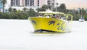A bright yellow boat with dolphin graphics and the name 