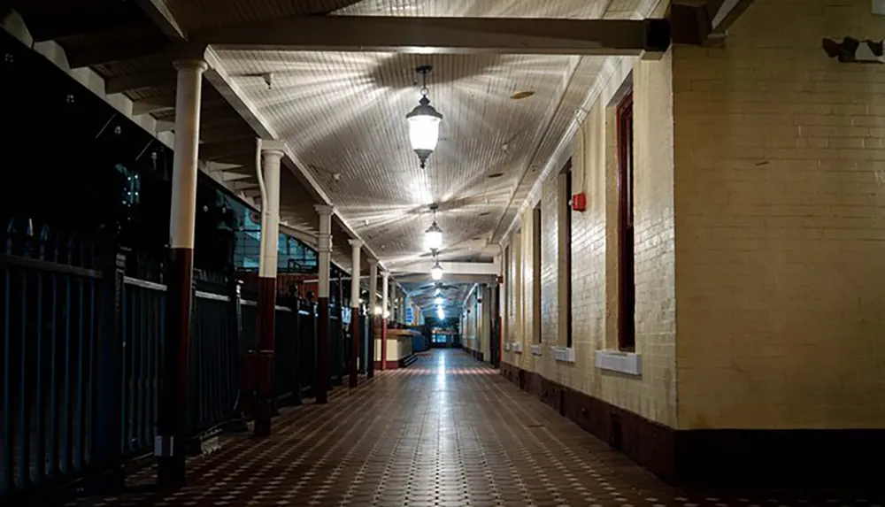 The image shows an empty well-lit corridor with a series of hanging lanterns lined by pillars on one side and windows on the other evoking a serene and historical atmosphere