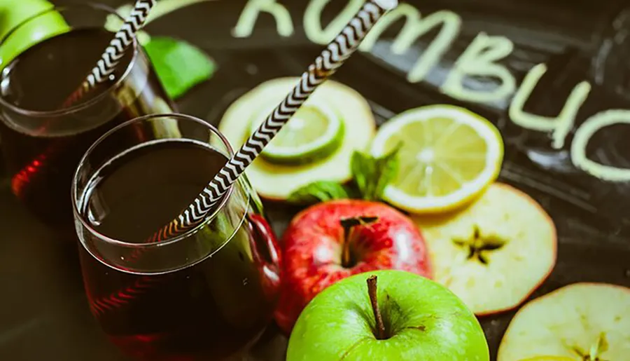 This image features a refreshing beverage setup with two glasses of a dark red drink, complete with striped straws, alongside fresh apples, lime, and lemon slices, on a surface with RUMBL written in chalk, suggestive of a relaxed, casual drinking atmosphere.