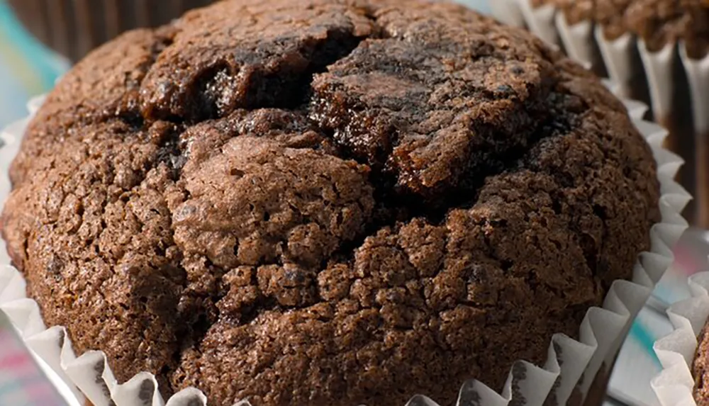 The image features a close-up of a chocolate muffin with a rich cracked texture emphasizing its moist and fluffy interior