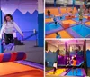 Children and adults are enjoying themselves while jumping on a colorful indoor trampoline park