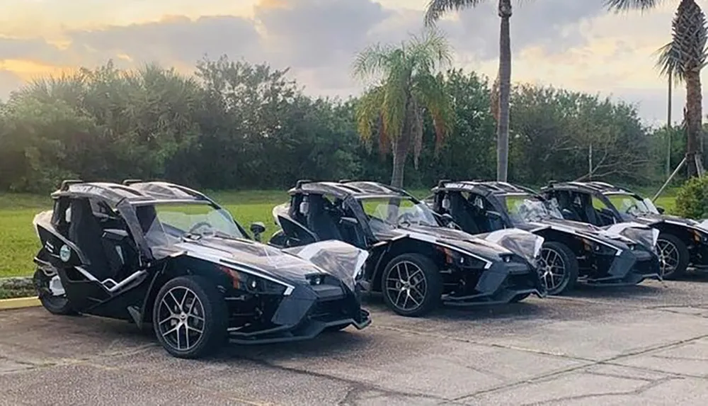 A lineup of Polaris Slingshot three-wheeled vehicles is parked in a row under a cloudy sky near some palm trees likely indicating a gathering or event of enthusiasts