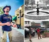 A man wearing a cowboy hat and a Sanford Tours  Experiences t-shirt is speaking while gesturing with his hands standing in an outdoor plaza with a fountain and string lights in the blurred background