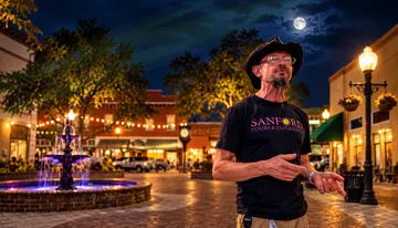 A man wearing a cowboy hat and a Sanford Tours & Experiences t-shirt is speaking while gesturing with his hands, standing in an outdoor plaza with a fountain and string lights in the blurred background.