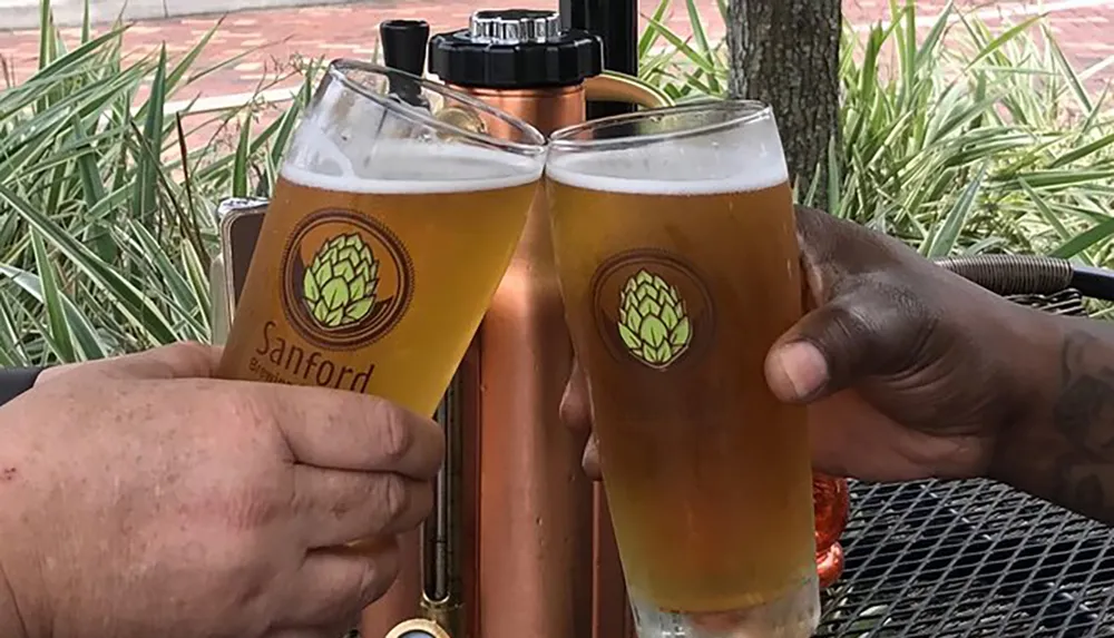Two individuals are toasting with glasses of beer at an outdoor setting