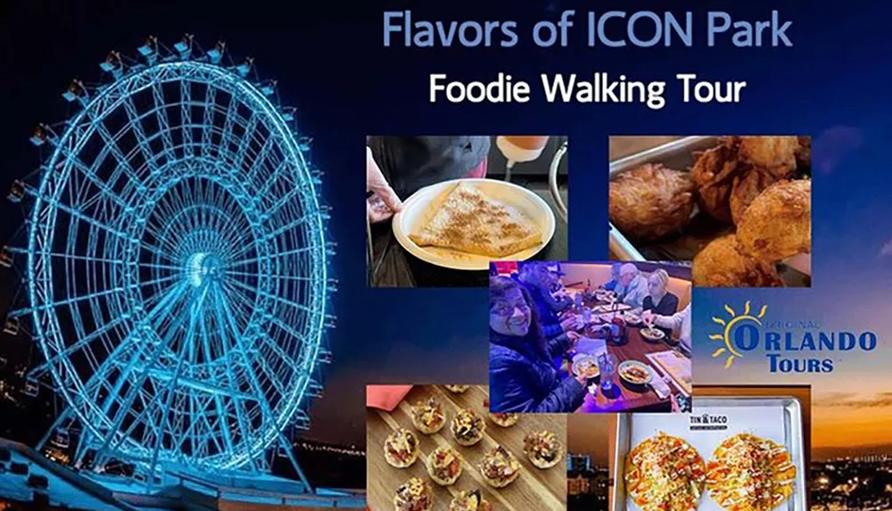 The image is a promotional collage for a Flavors of ICON Park Foodie Walking Tour featuring a lit-up Ferris wheel various dishes and people dining together offered by Original Orlando Tours