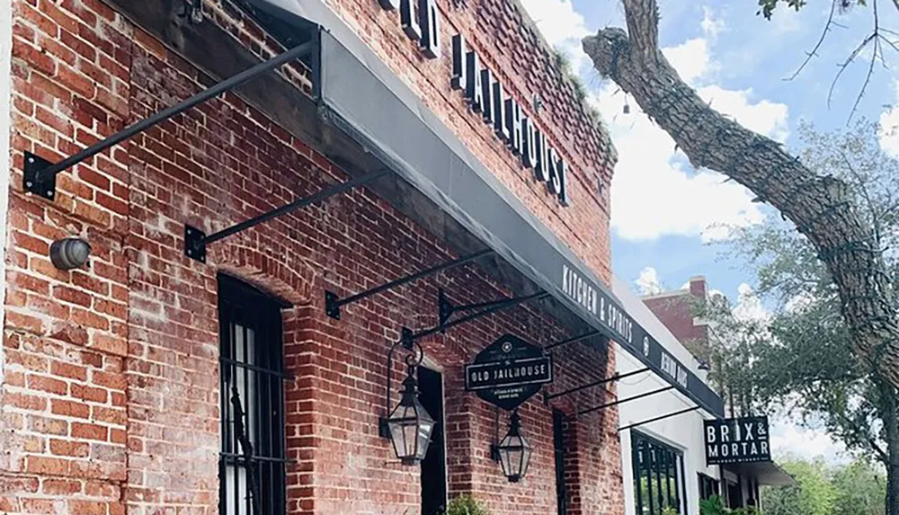 This image shows the exterior of a brick building with signage indicating a place called BRIX  MORTAR framed under a large tree branch with clear skies in the background