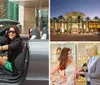 The image shows a dusk view of a stylish modern shopping mall entrance flanked by palm trees and featuring upscale storefronts