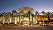 The image shows a dusk view of a stylish, modern shopping mall entrance flanked by palm trees and featuring upscale storefronts.