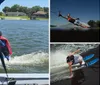 A person is performing a water skiing trick holding onto a handle with a rope while leaning back and creating a splash on the water