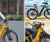 A person is seated on a yellow electric bicycle with a rear cargo rack holding the handlebars and appears ready to ride