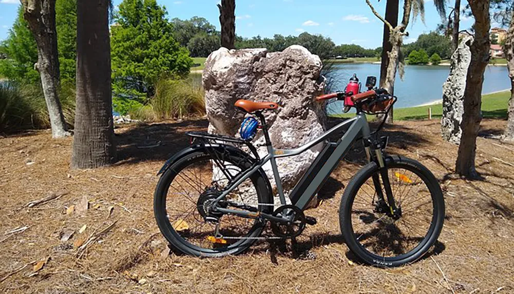 An electric bicycle with an orange saddle is parked in a natural setting with trees and a lake in the background