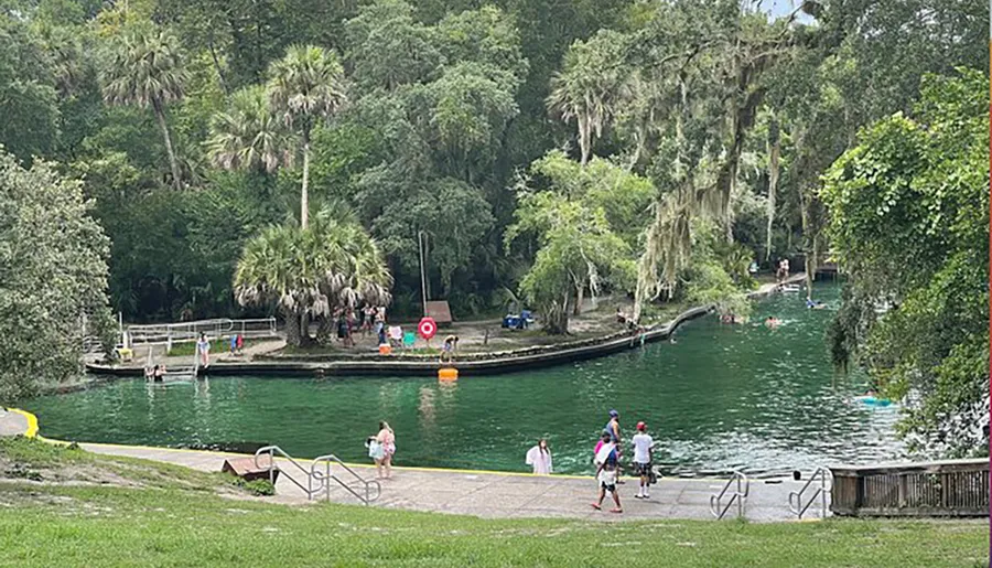 People enjoy a sunny day at a natural spring surrounded by lush greenery.