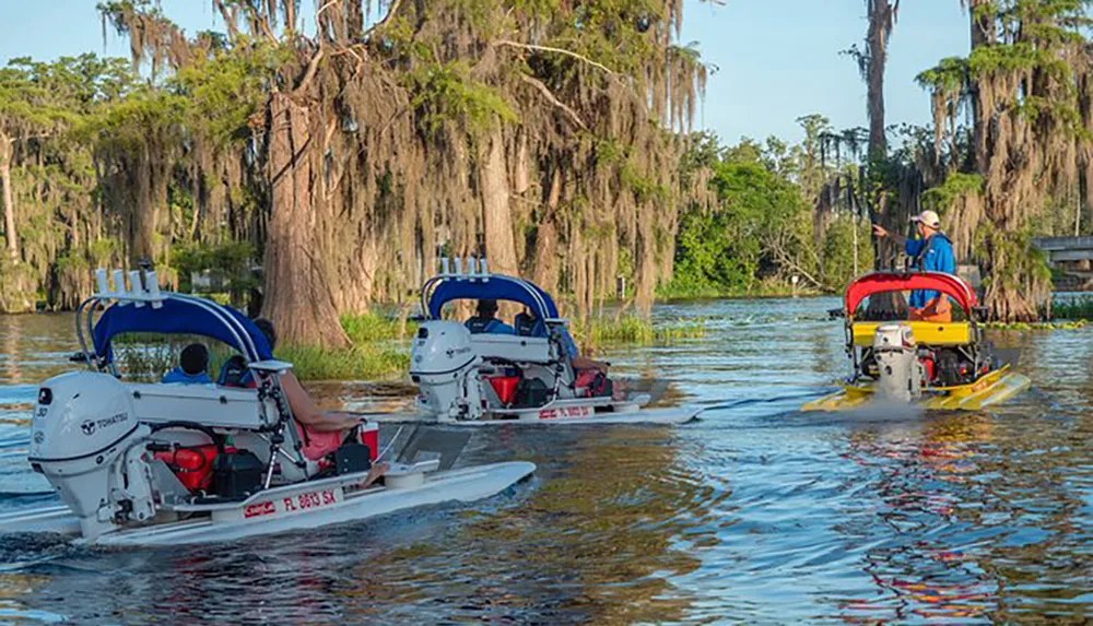 Three airboats glide through a waterway adorned with Spanish moss-draped trees with one guide standing and pointing out something of interest