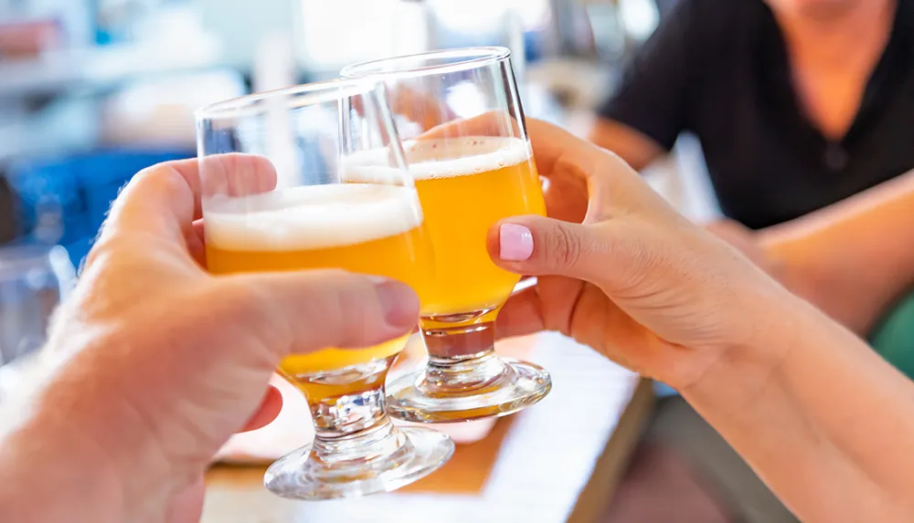 Two people are toasting with glasses of beer in a social setting