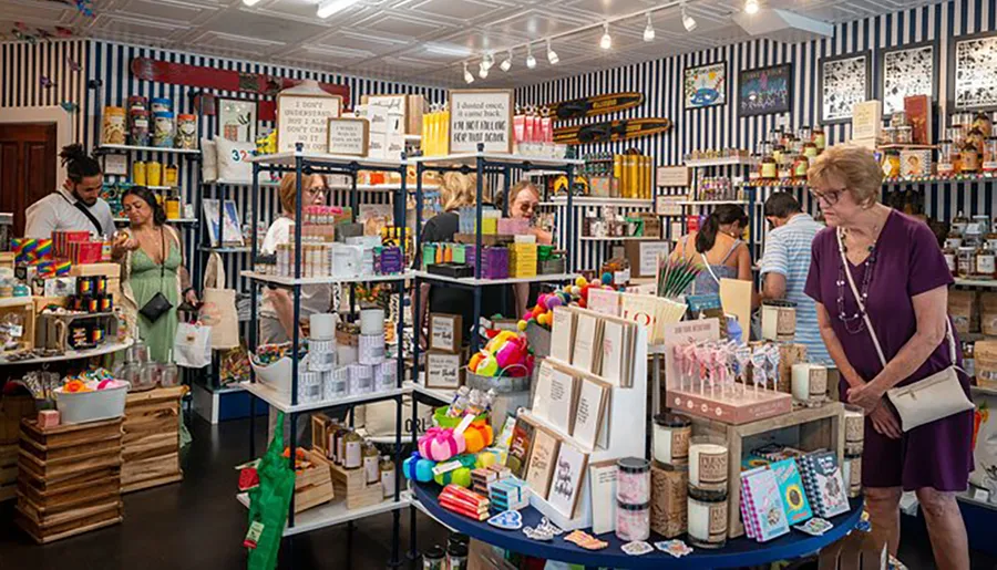 Customers browse various items in a bright and colorful boutique gift shop.