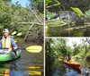 A person wearing a life jacket and cap is kayaking on a calm river surrounded by lush greenery under a clear sky