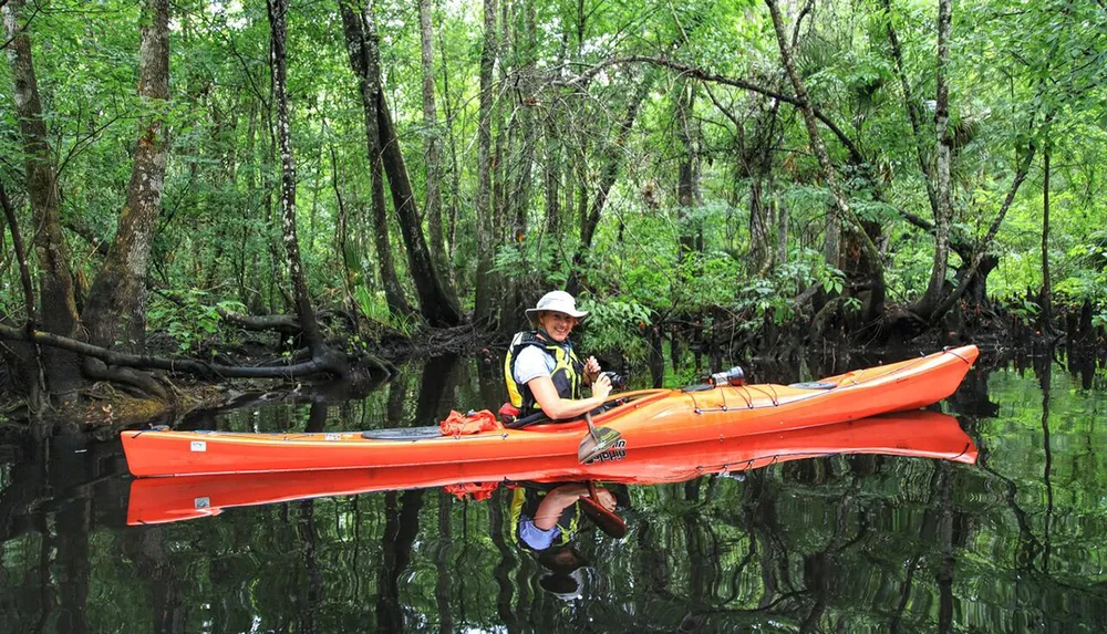 A person wearing a life jacket and a hat is paddling a bright orange kayak through calm waters surrounded by a lush green forest