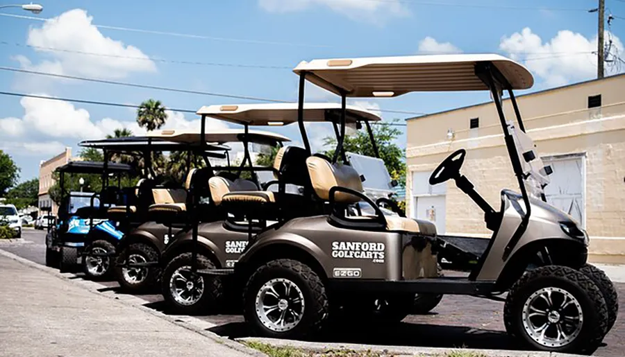 A row of parked golf carts is lined up on a sunny street.